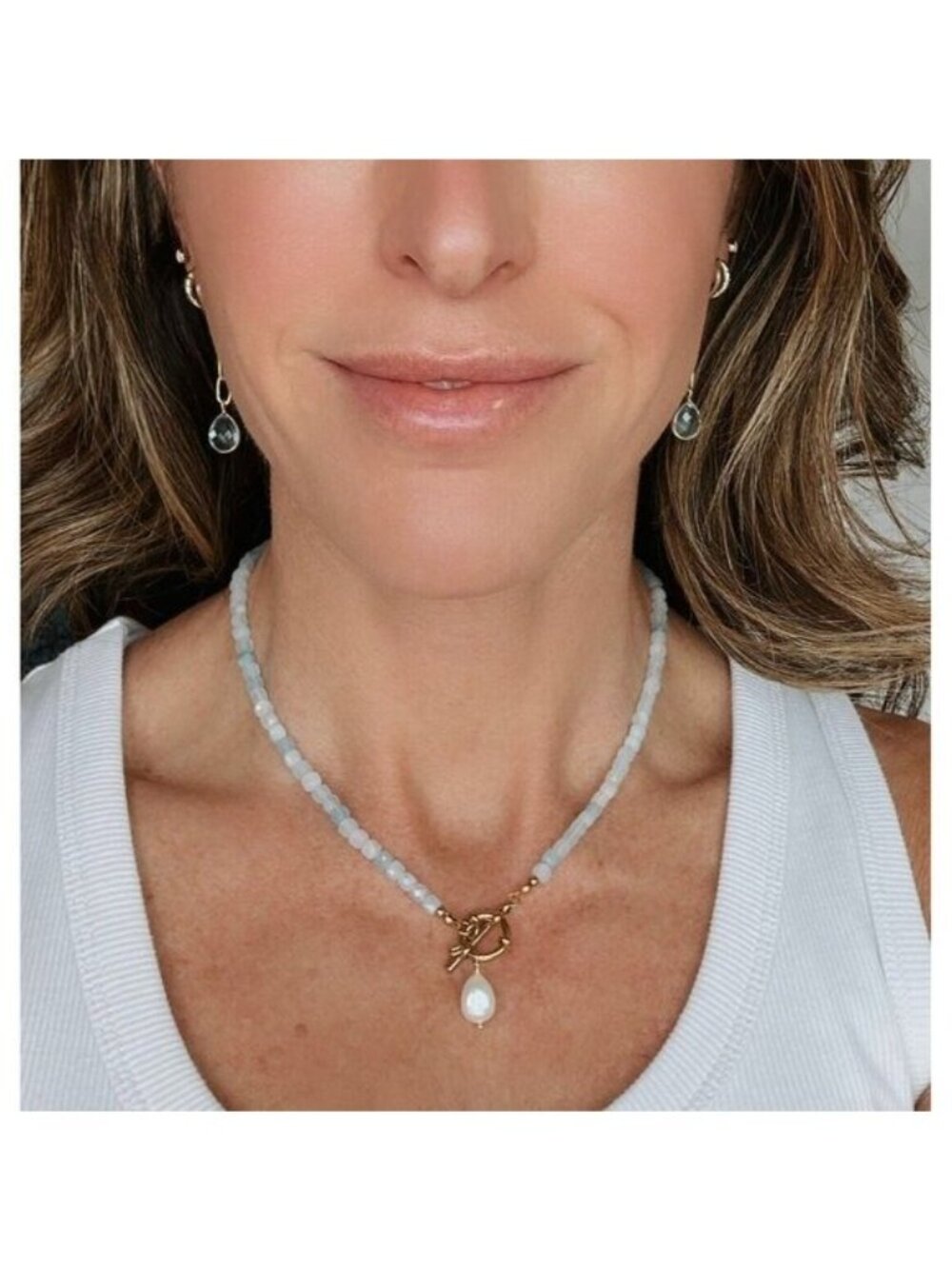 GORGEOUS Aquamarine Beaded Necklace w/Gold Toggle Clasp & Pearl, Reversible - Picture 4 of 11